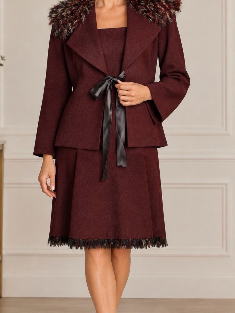 Ana Capri vintage boutique brand Ladies Suit with faux fur collar and lace trim